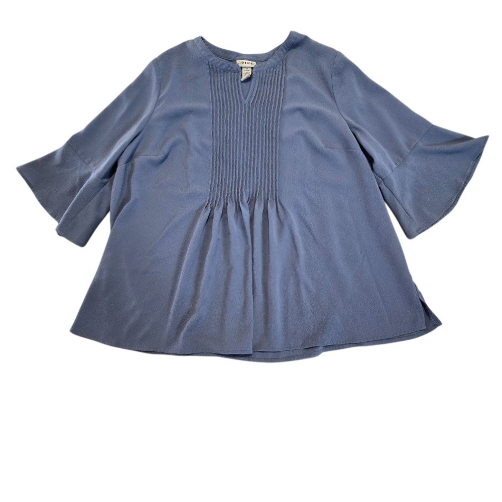 Catherines Pintuck Pleated Blouse Womens 2X Blue Bell Sleeve Flowy Crepe Top